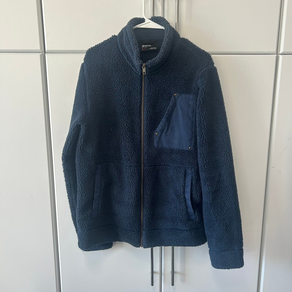 Marmot Mens Sherpa Fleece Jacket Navy Blue Full Zip‎ Mock Neck Medium